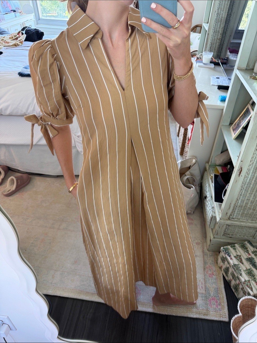 Striped Tie-Sleeve Midi Dress in Camel